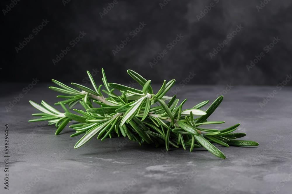  a sprig of rosemary on a gray surface with a black background in the corner of the picture is a spr