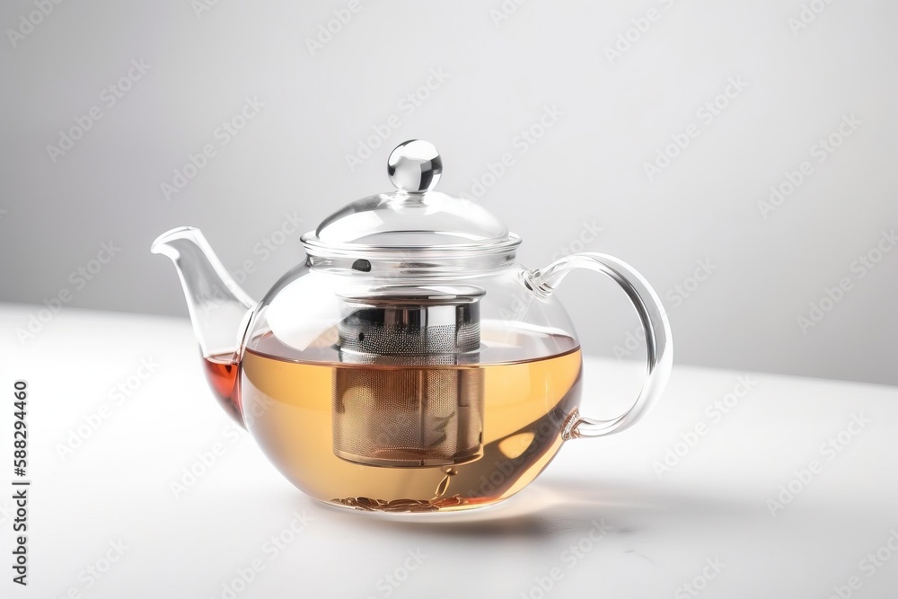  a glass teapot with a tea in it on a white tablecloth with a tea bag in the middle of the teapot an