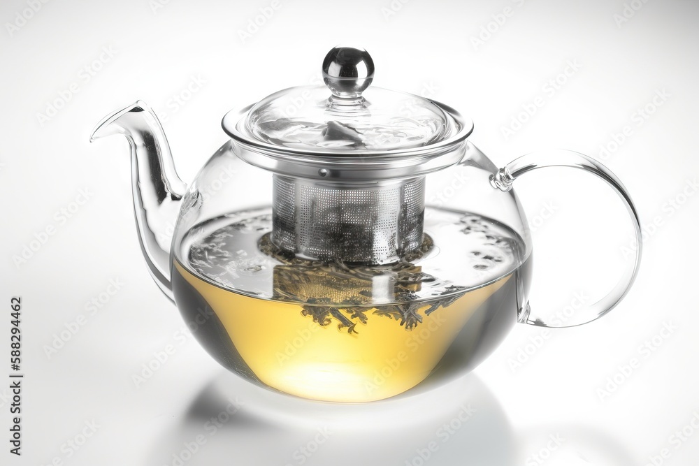  a glass tea pot filled with green tea and a tea strainer with a tea bag in the top of the tea pot a