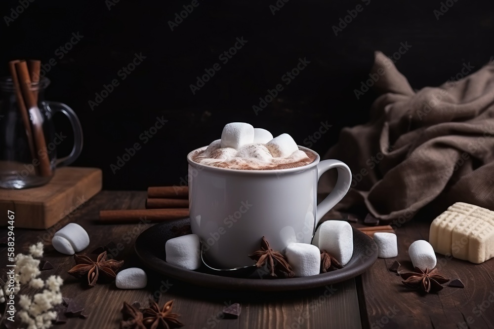  a cup of hot chocolate with marshmallows and cinnamon on a saucer on a wooden table next to a mug o