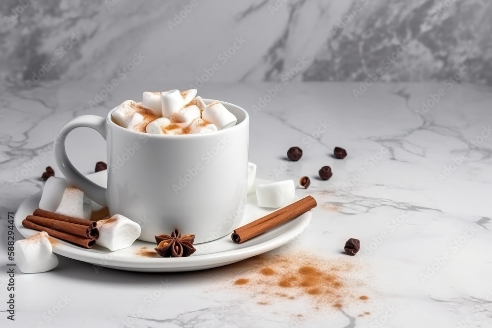  a cup of hot chocolate with marshmallows and cinnamon sticks on a marble table with a marble backgr