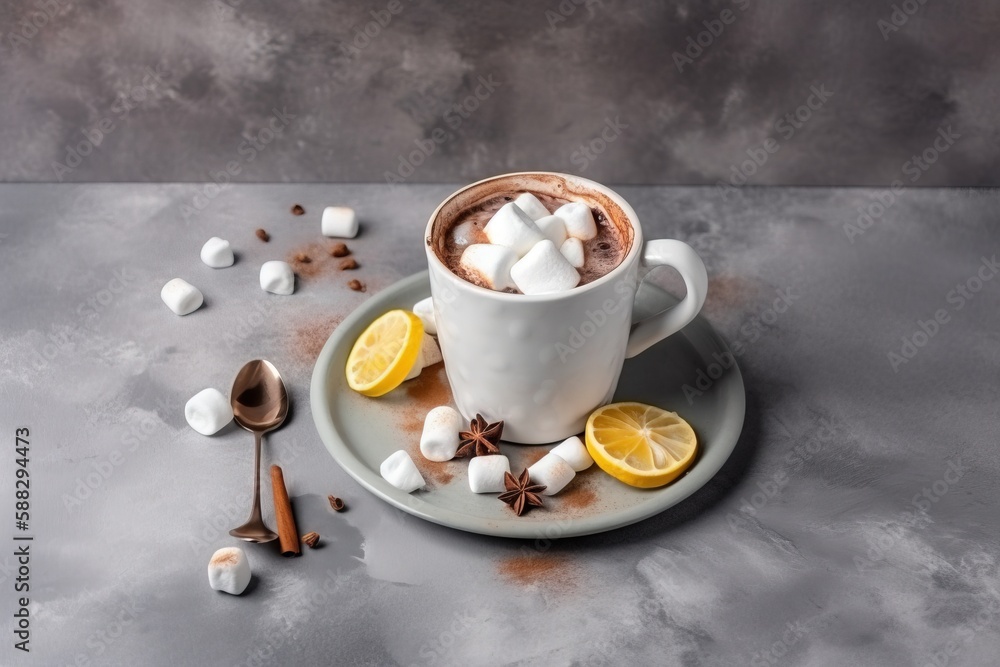  a cup of hot chocolate with marshmallows and star anise on a plate with a spoon and spoon on a gray