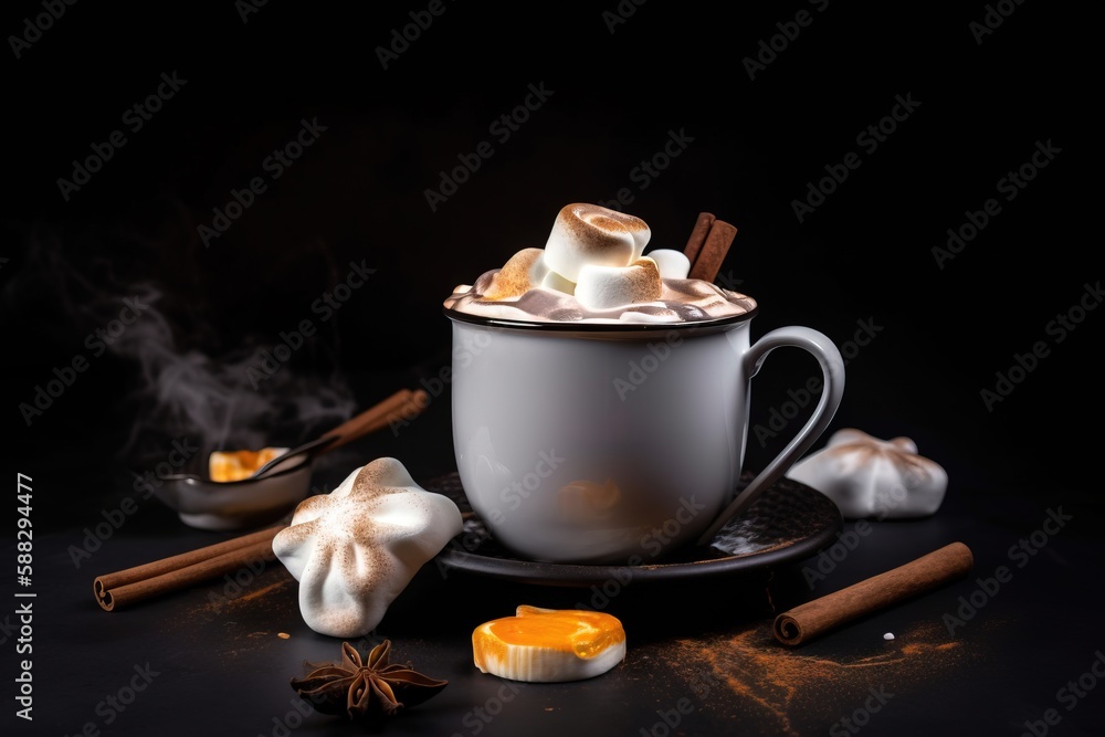  a cup of hot chocolate with marshmallows and cinnamon sticks on a black background with smoke and c