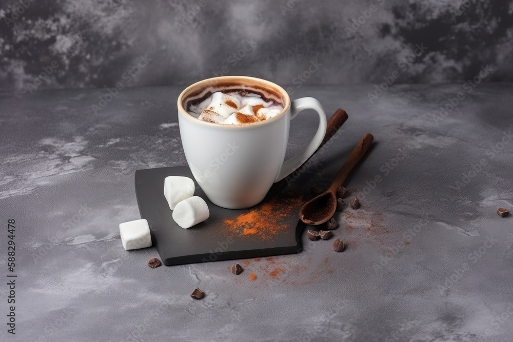  a cup of hot chocolate with marshmallows and cinnamon on a slate board on a gray background with a 