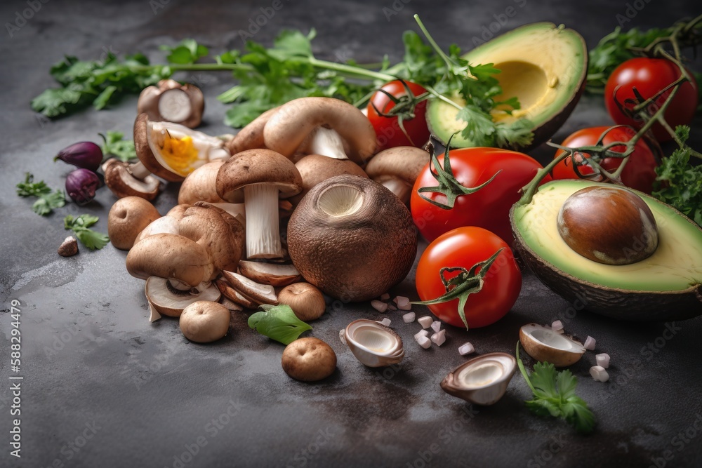  a pile of mushrooms, tomatoes, avocado, and other vegetables on a table top with a black background