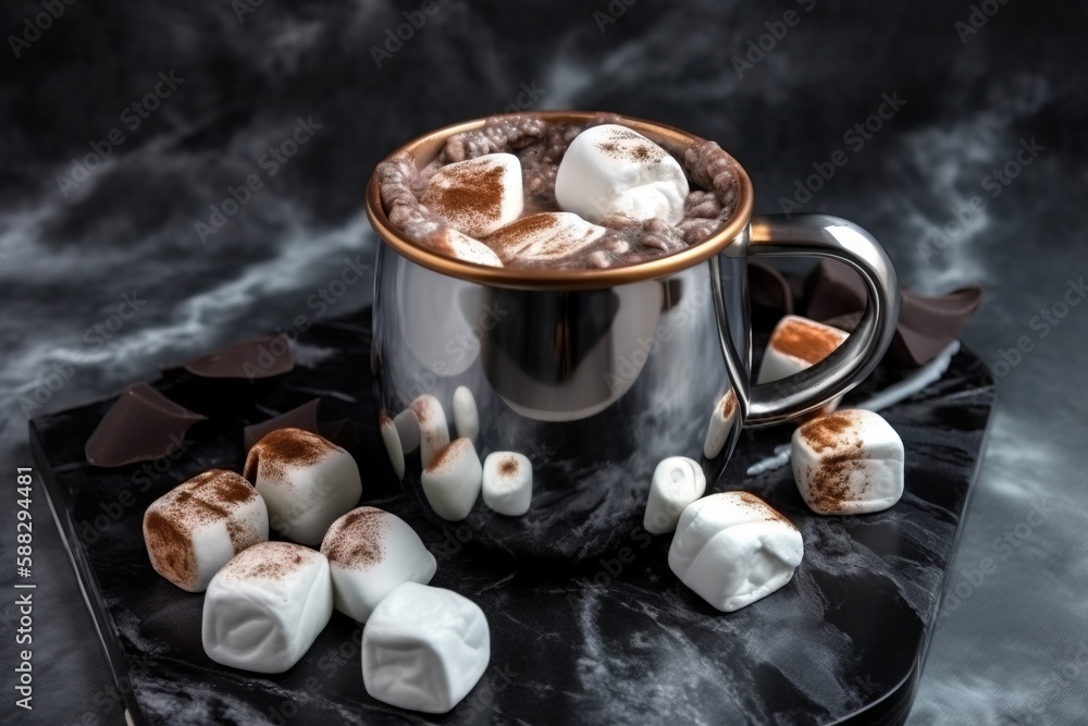  a cup of hot chocolate with marshmallows on a black marble tray with a spoon and spoon rest on the 