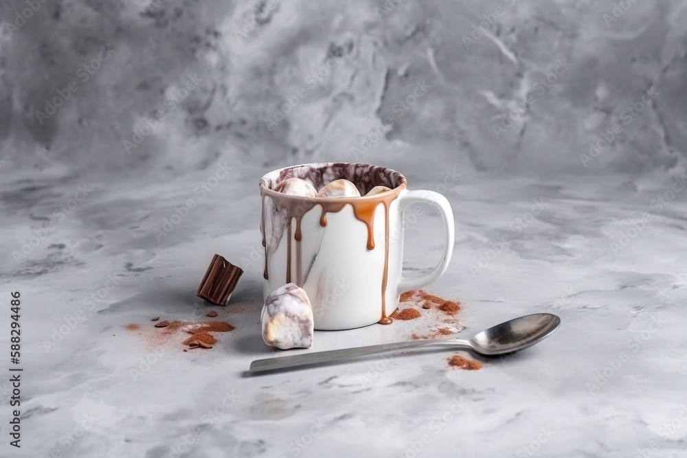  a cup of hot chocolate with a spoon next to it on a marble surface with a spoon and some chocolate 