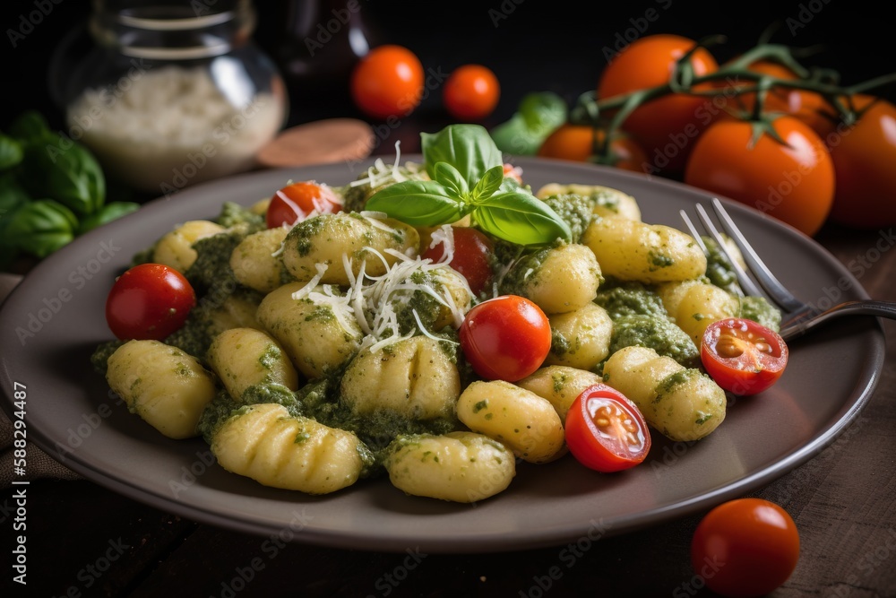  a plate of ravioli with pesto and cheese on top of it with tomatoes and basil on top of the plate a