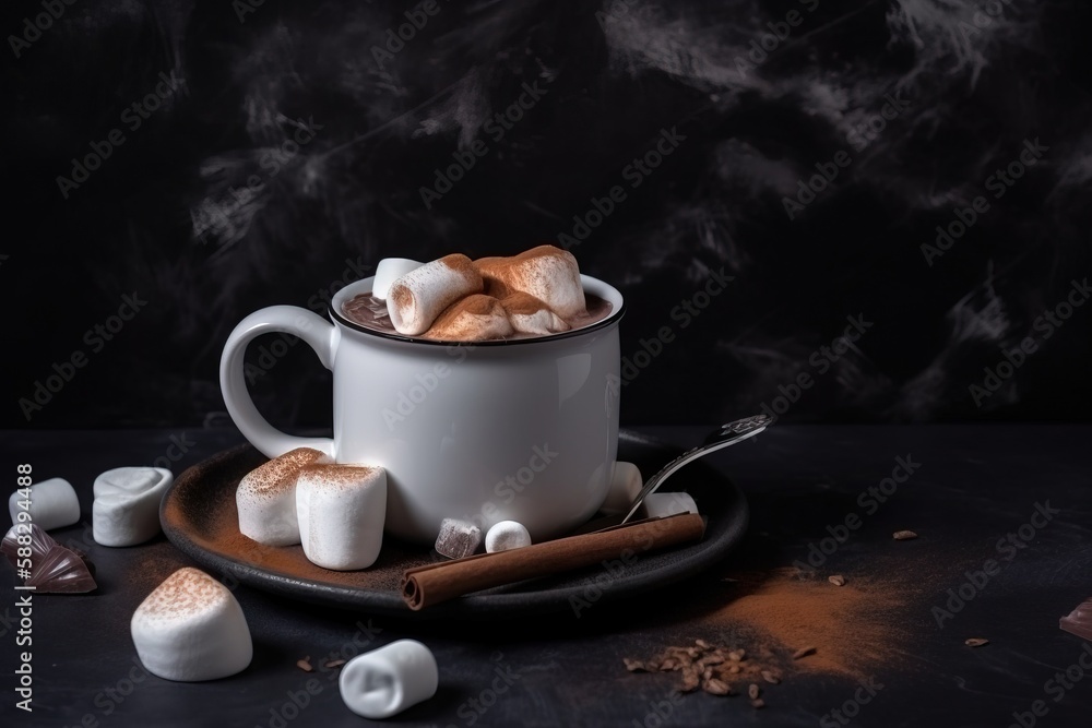  a cup of hot chocolate with marshmallows on a plate and a spoon on the side of the cup, with a spoo