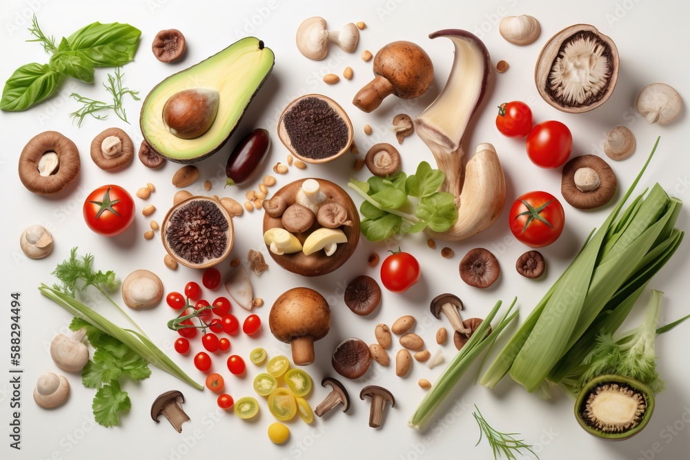  a bunch of different types of vegetables on a white surface with mushrooms, tomatoes, broccoli, mus