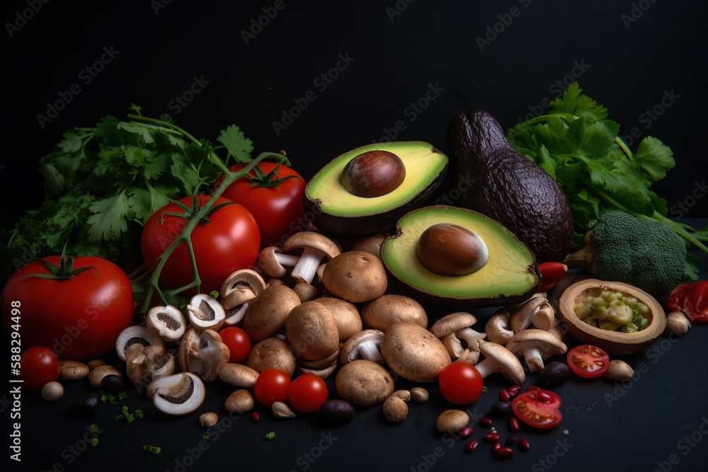  a pile of vegetables and fruits on a black background with a black background and a black backgroun