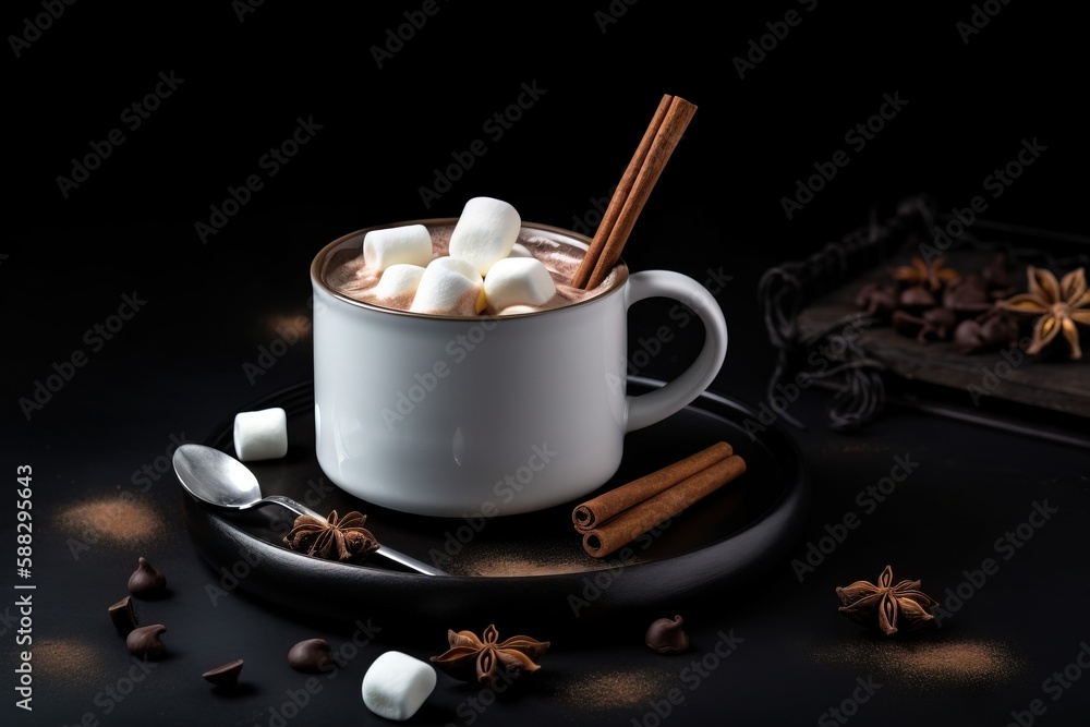  a cup of hot chocolate with marshmallows and cinnamon sticks on a black plate with a spoon and star