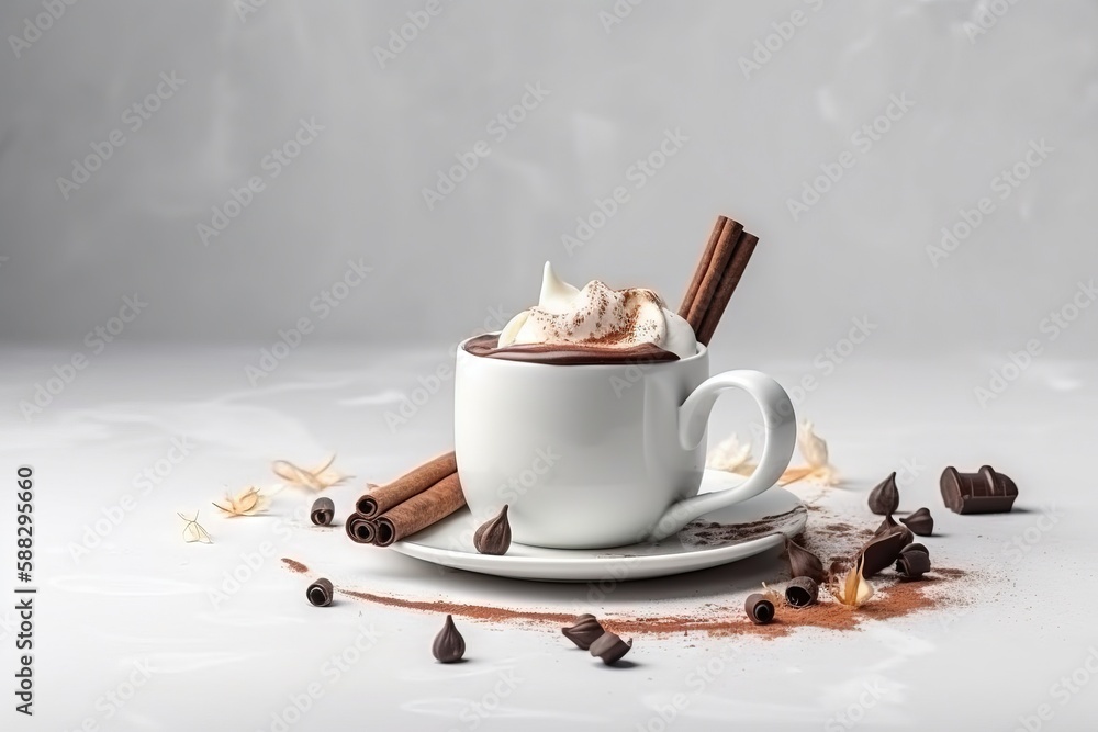  a cup of hot chocolate and cinnamon sticks on a saucer with cinnamons scattered around it on a whit