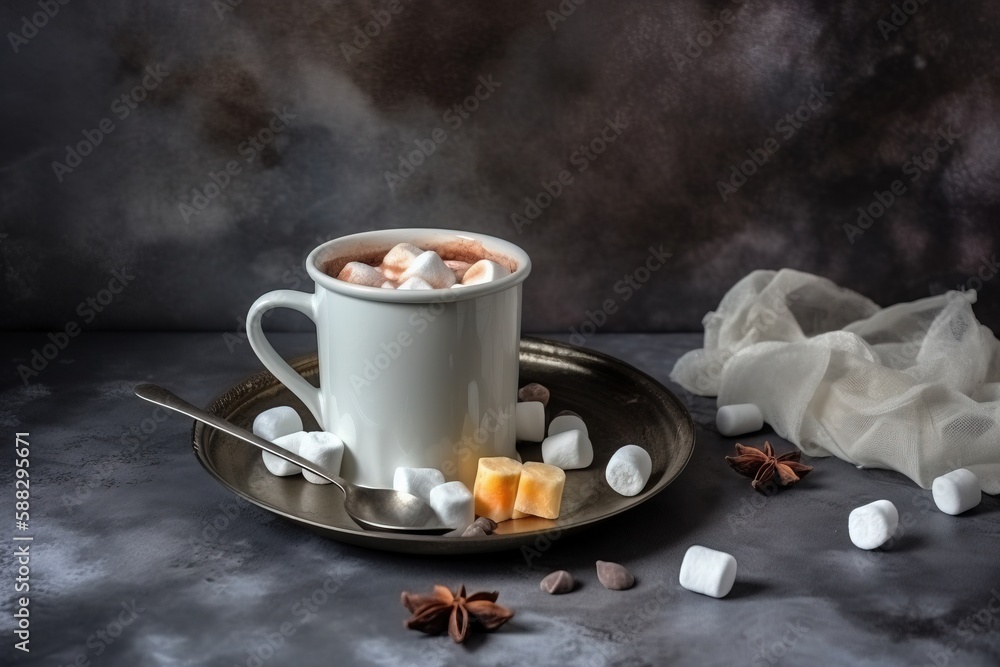  a cup of hot chocolate with marshmallows and star anise on a saucer with a spoon on a gray tableclo