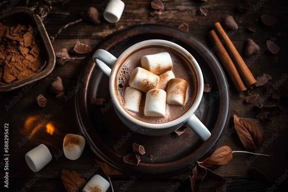  a cup of hot chocolate with marshmallows on a plate with cinnamons and chocolate chips on a wooden 