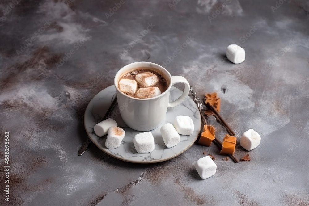  a cup of hot chocolate and marshmallows on a plate with a spoon and spoon rest on the plate next to