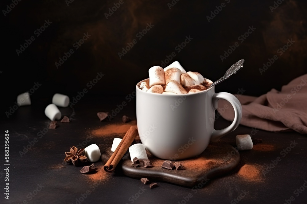  a cup of hot chocolate with marshmallows and cinnamon sticks on a black table with a cloth and a sp