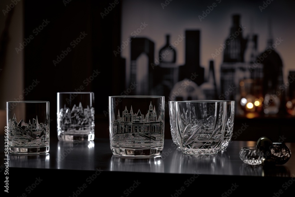  a group of glasses sitting on top of a table next to a bottle of wine and a glass vase with a city 