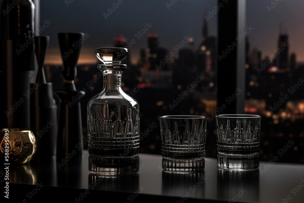  a glass decanter and two shot glasses on a table in front of a window overlooking a cityscape at ni