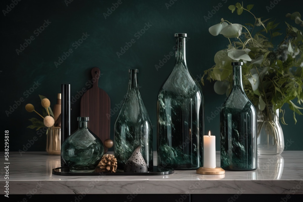  a table topped with bottles and candles next to a vase filled with flowers and a candle on top of a