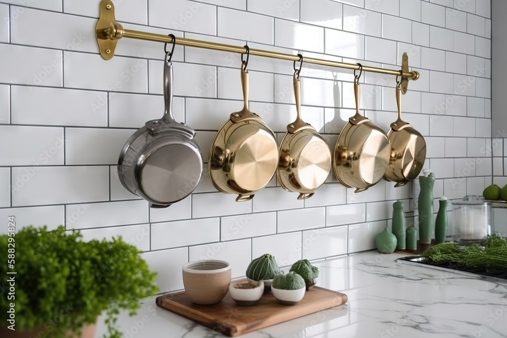  pots and pans are hanging on the wall in a kitchen with white tiles and a cutting board with succul