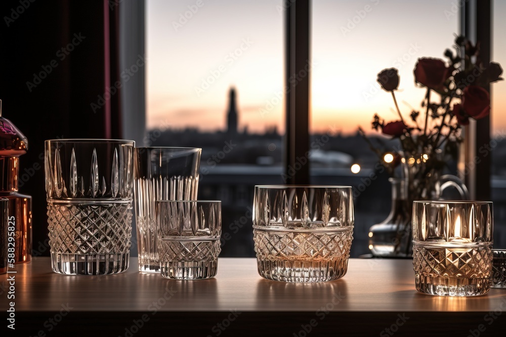  a table with glasses and a bottle on it with a view of a city outside of the window at sunset in th