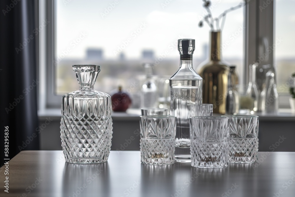  a table with a lot of glasses and bottles on it and a window in the background with a view of a cit