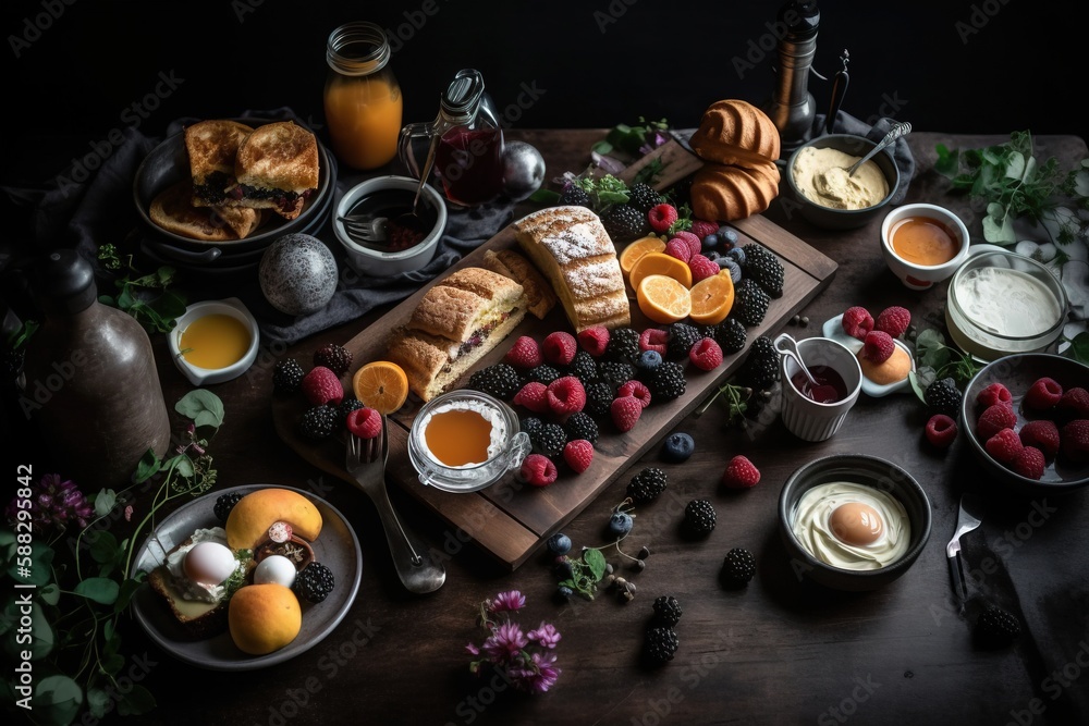  a wooden table topped with plates of food and fruit next to a bowl of yogurt and a bowl of fruit an