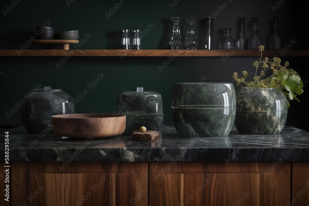  a counter top with vases and a bowl on it and a plant in a vase on top of the counter top next to i