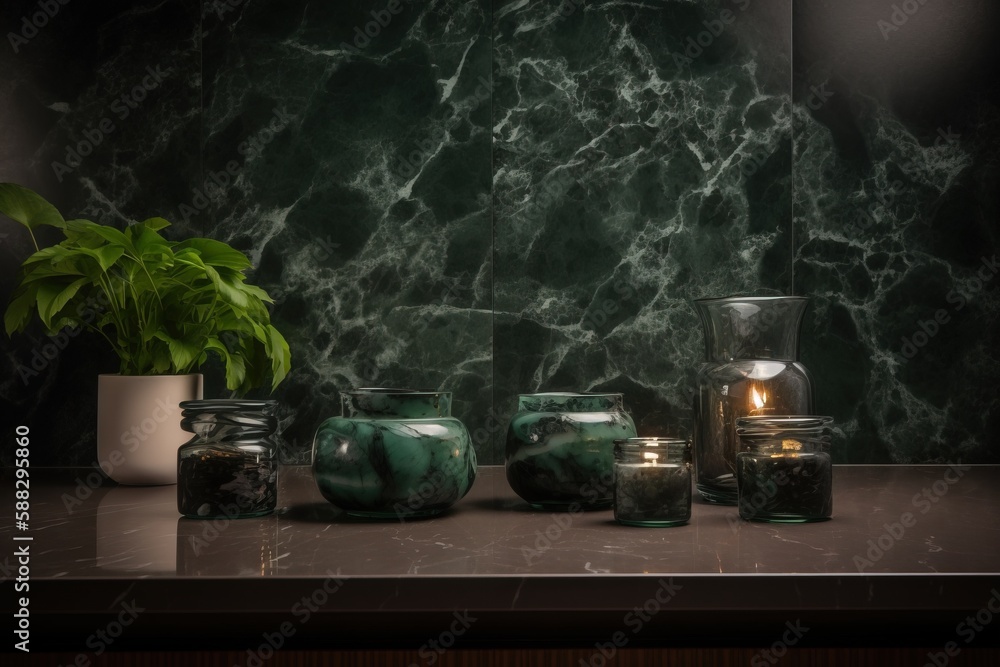  a group of vases sitting on top of a table next to a plant and a candle holder on a counter top nex