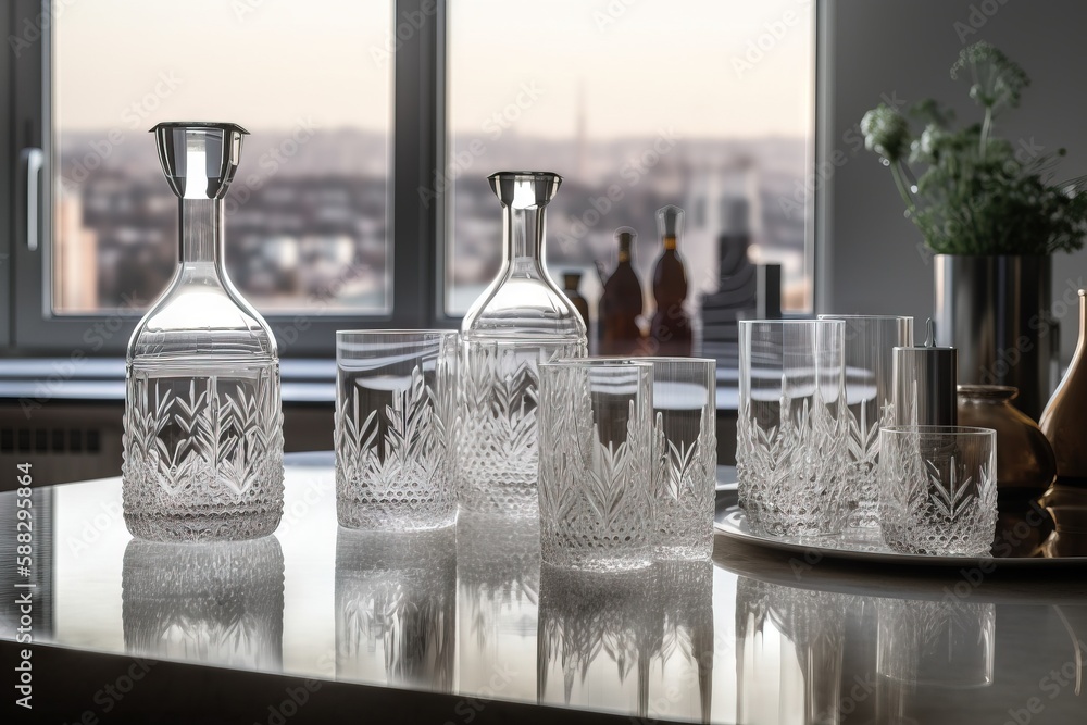  a set of four crystal decanters sitting on a table in front of a window with a view of a city outsi