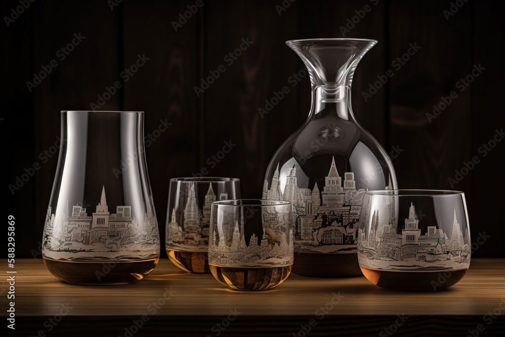  a set of glasses and a decanter on a wooden table in front of a wooden wall with a city skyline etc