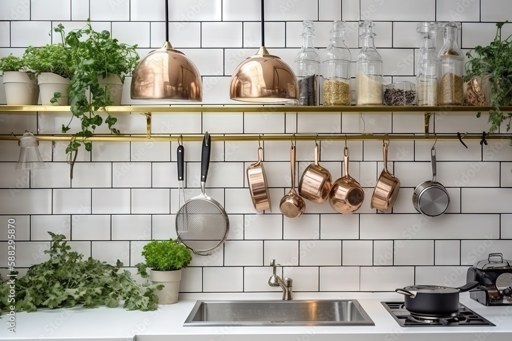  pots and pans are hanging on a shelf above a sink in a kitchen with white tile walls and a gold - p