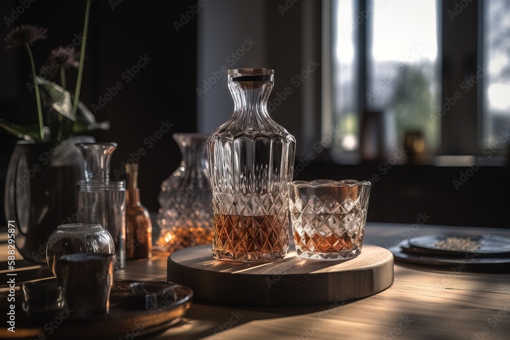  a wooden table topped with glasses and a decanter on top of a wooden table next to a plate and a va