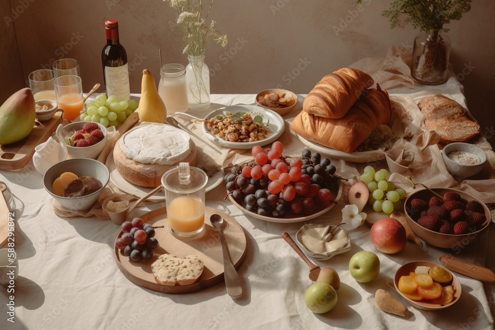  a table topped with lots of different types of food and drinks on top of a white tablecloth covered