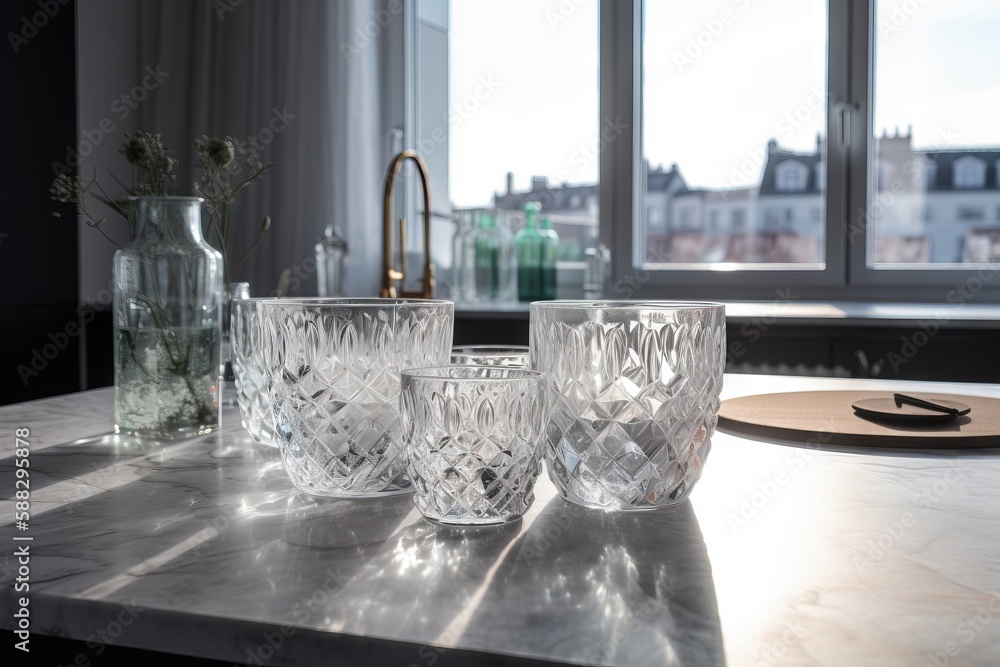  a marble table with four glasses and a bottle on it with a view of a city outside the window in the