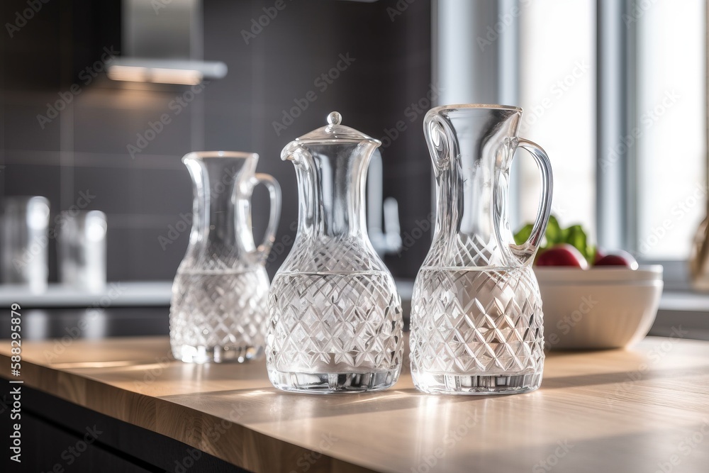  three clear glass vases sitting on a counter top next to a bowl of strawberries and a bowl of straw