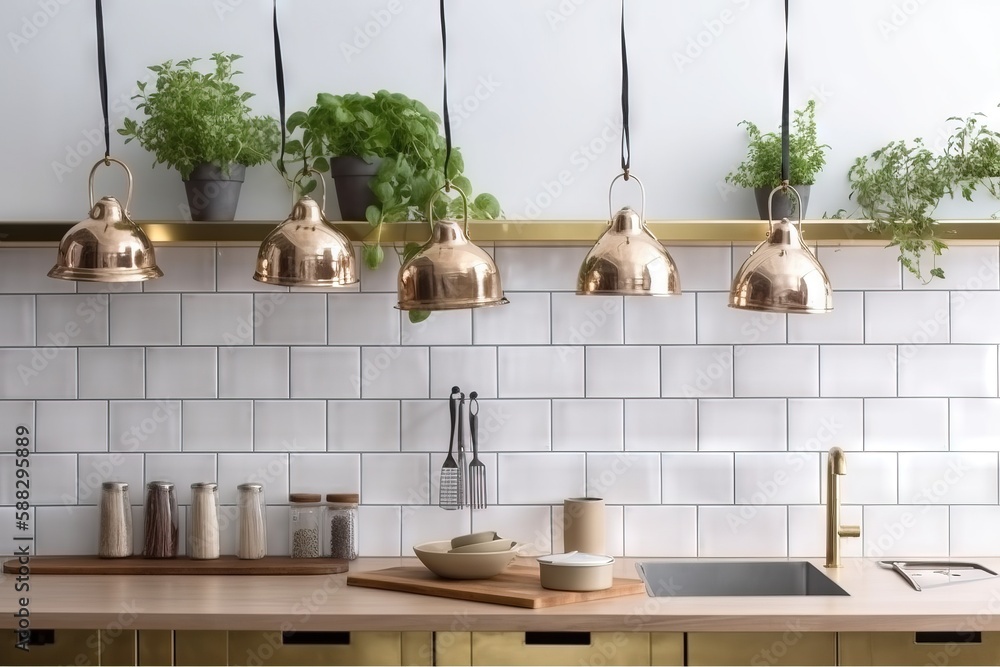  a kitchen with a bunch of potted plants hanging from the ceiling and a sink with a cutting board on