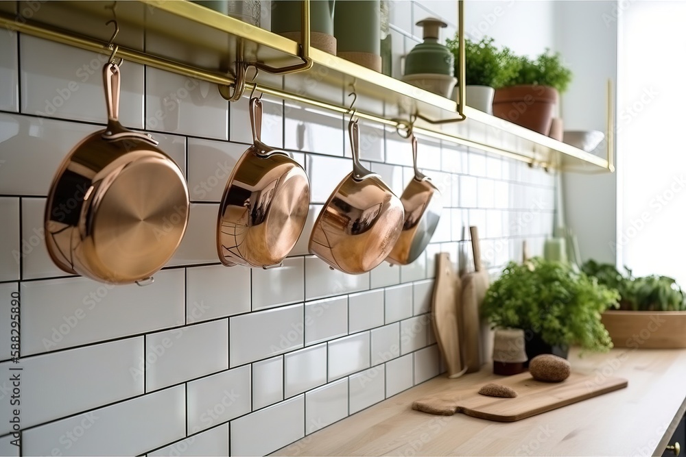  pots and pans are hanging on the wall of a kitchen with a cutting board and cutting board in front 