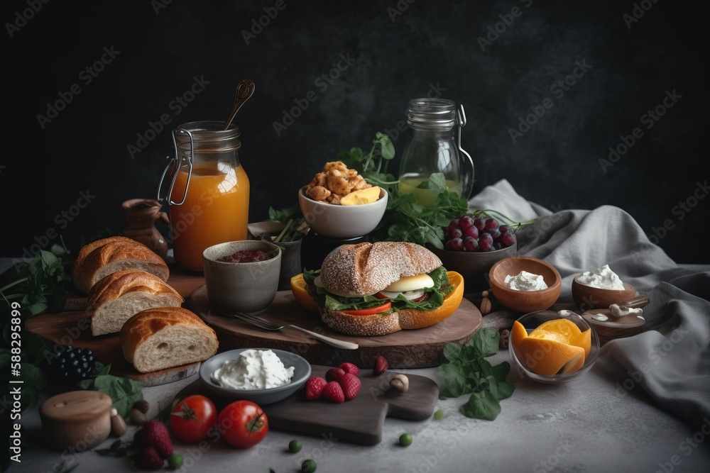  a table topped with a sandwich and fruit next to a bowl of orange juice and a jar of orange juice a