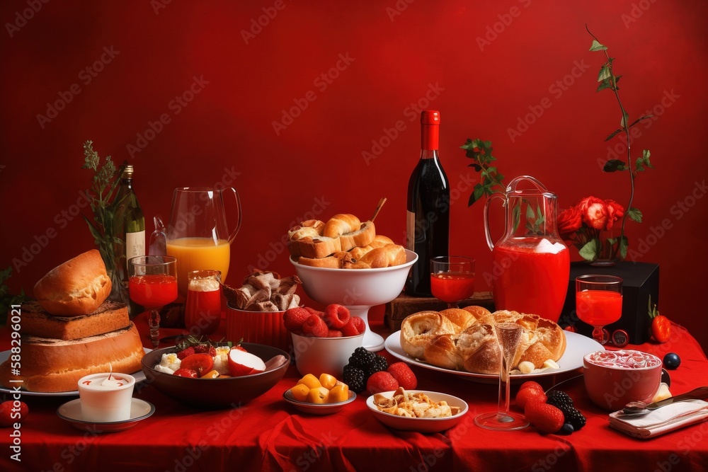  a red table topped with plates of food and a bottle of wine next to a bowl of fruit and a plate of 