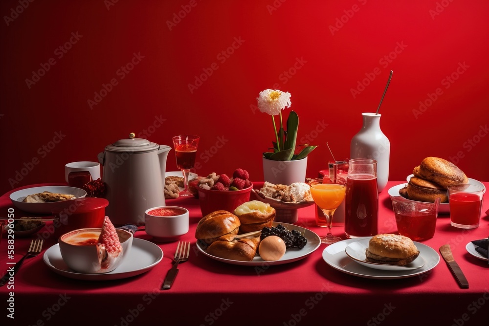  a red table topped with plates and bowls of food next to a vase of flowers and a vase of flowers on