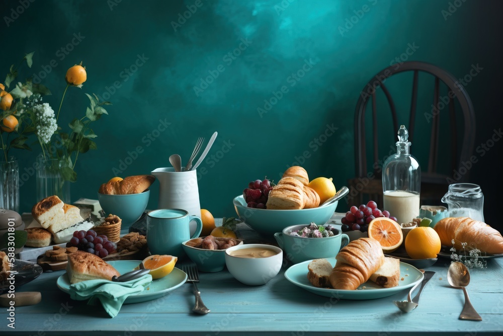  a table topped with bowls of food and a bowl of fruit next to a vase filled with oranges and other 