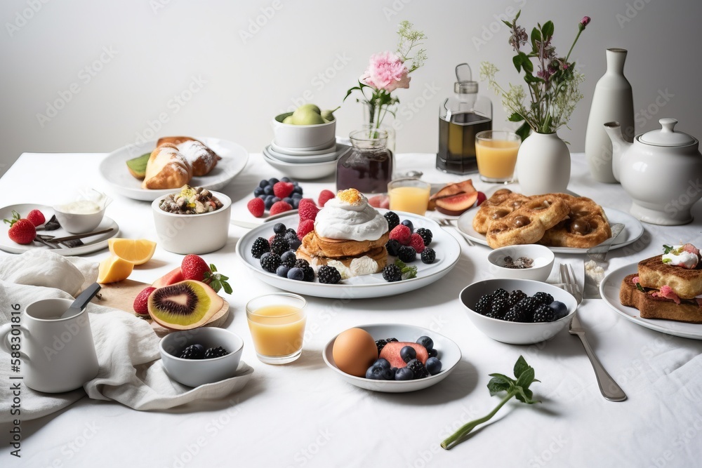  a white table topped with plates of food and cups of juice and juice glasses and a vase of flowers 