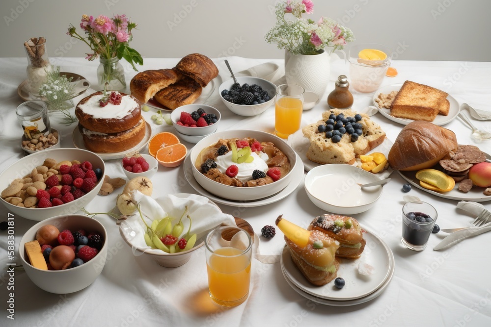  a white table topped with lots of food and drinks on top of a white tablecloth covered tablecloth c