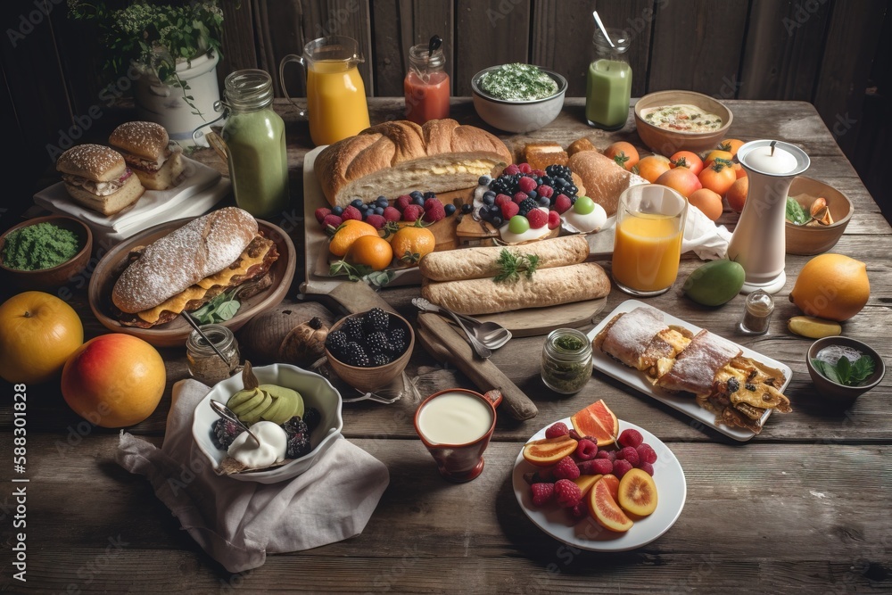  a wooden table topped with plates of food and drinks next to a wooden table covered in fruits and v