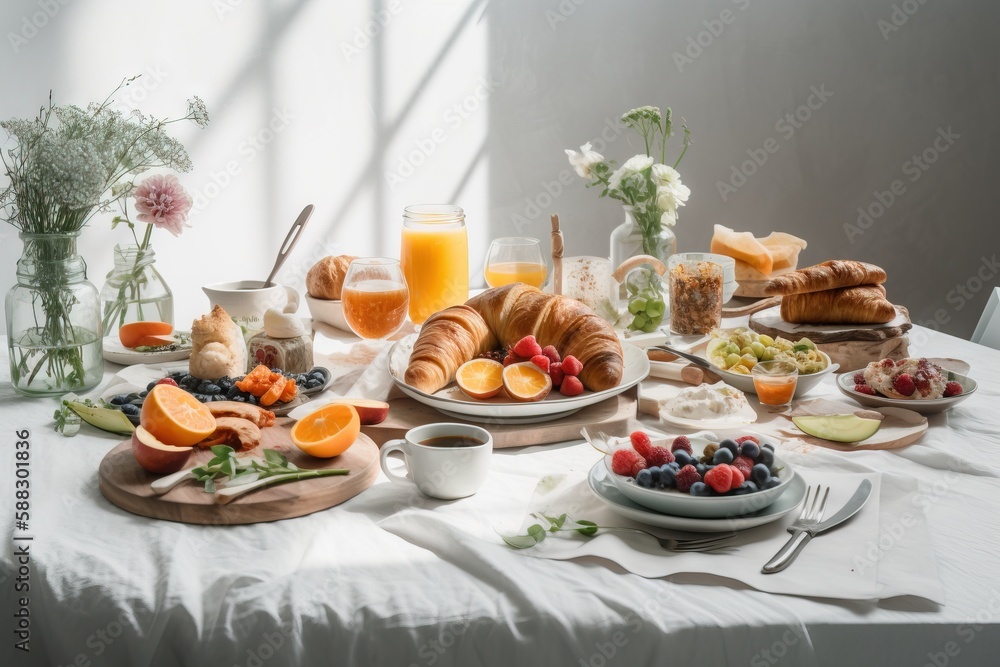  a table full of food and drinks on a white table cloth with a vase of flowers and a glass of orange