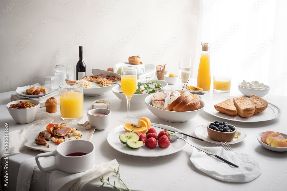  a white table topped with plates of food and cups of juice and juicer next to a bottle of orange ju