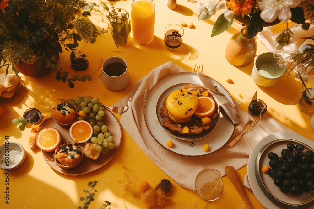  a yellow table topped with plates of food and cups of juice and oranges and a vase filled with oran