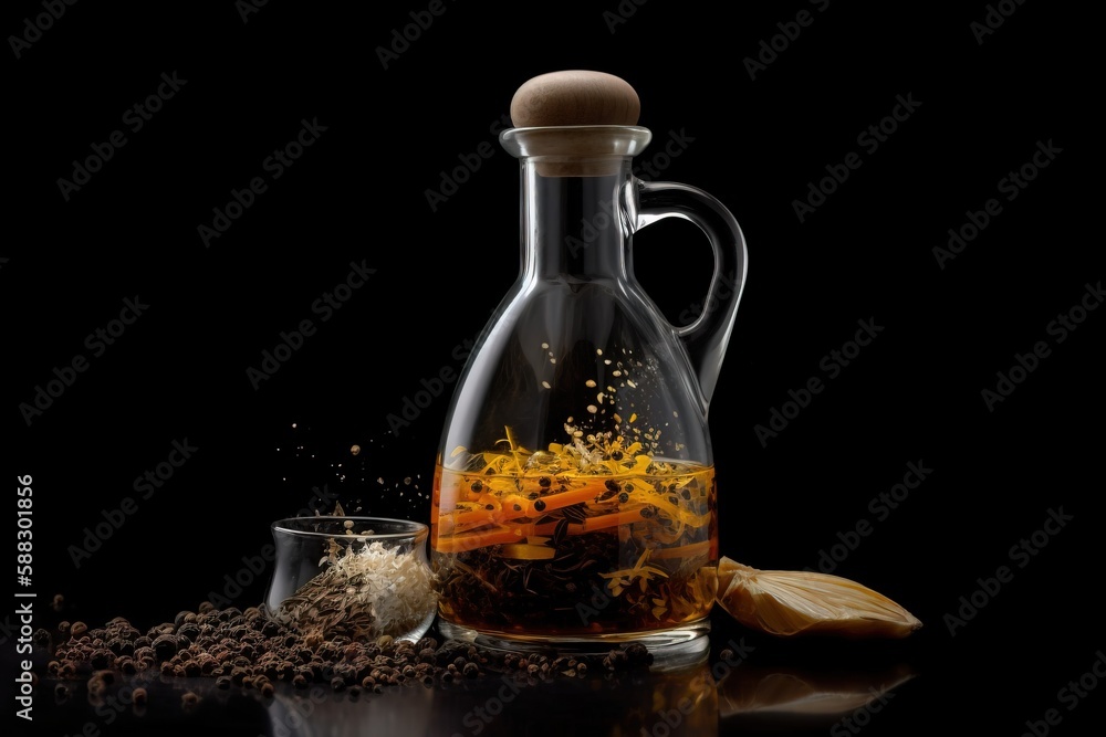  a pitcher of tea with a glass of tea next to it on a black surface with a spoon and a glass of tea 